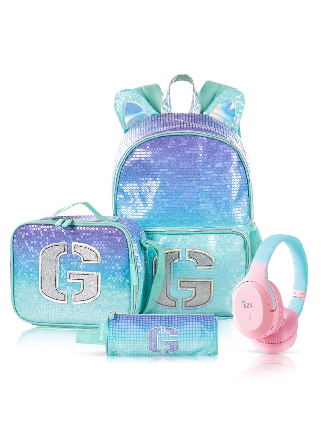Eazy Kids Eazy Kids 17" Set of 4 Backpack w/ BT Headset, Lunch Bag and Pencil Case - Girl Glitter Green  - Image 1