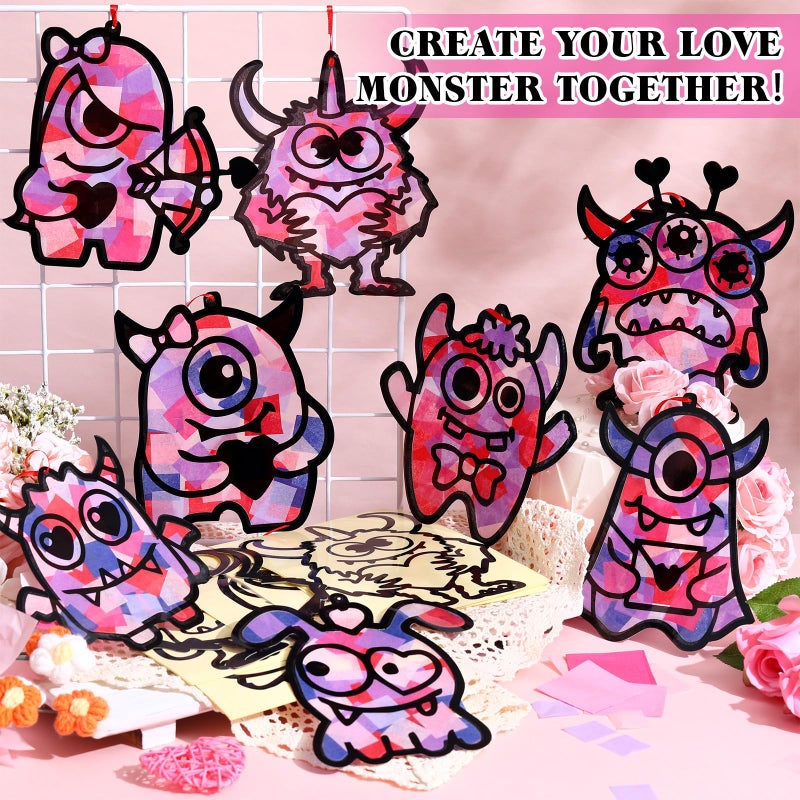 Eersida 32 Sets Valentine's Day Monster Suncatcher Craft Kit, DIY Stained Glass Window Art Ornaments for Adults, Party Favors & Valentine's Day Decorations - Image 2