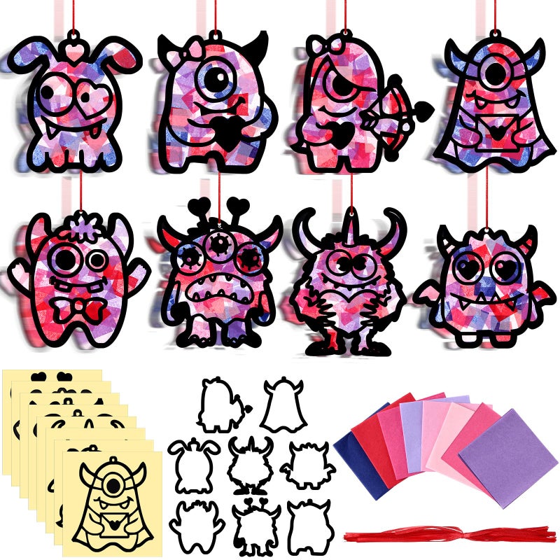 Eersida 32 Sets Valentine's Day Monster Suncatcher Craft Kit, DIY Stained Glass Window Art Ornaments for Adults, Party Favors & Valentine's Day Decorations - Image 1