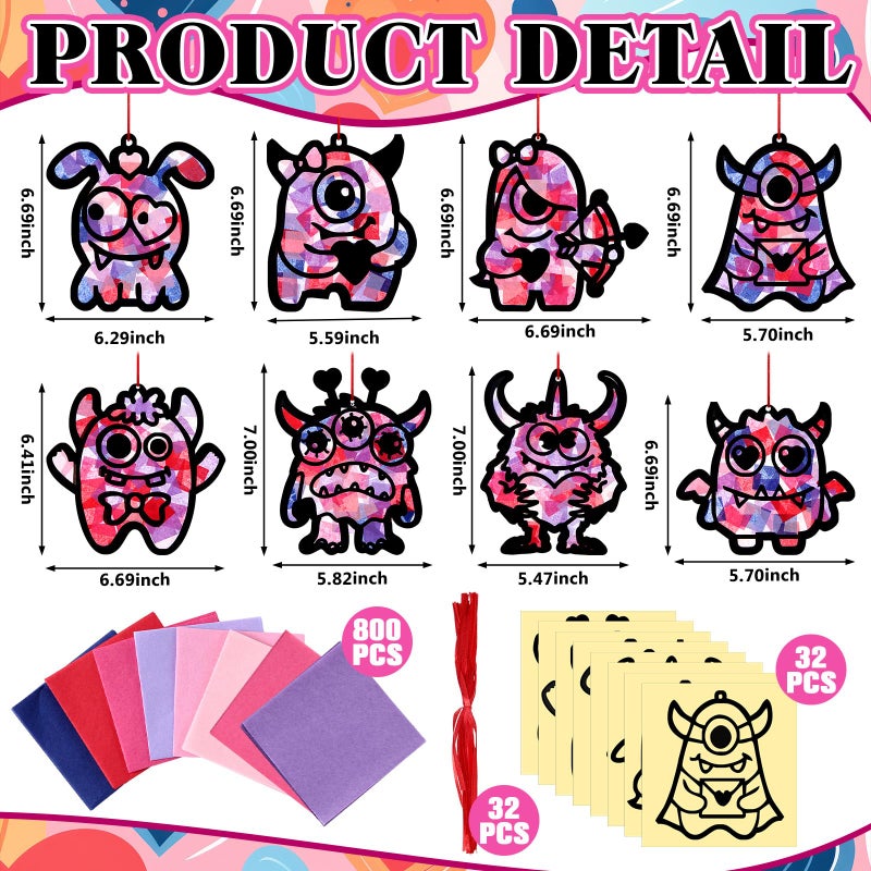 Eersida 32 Sets Valentine's Day Monster Suncatcher Craft Kit, DIY Stained Glass Window Art Ornaments for Adults, Party Favors & Valentine's Day Decorations - Image 3