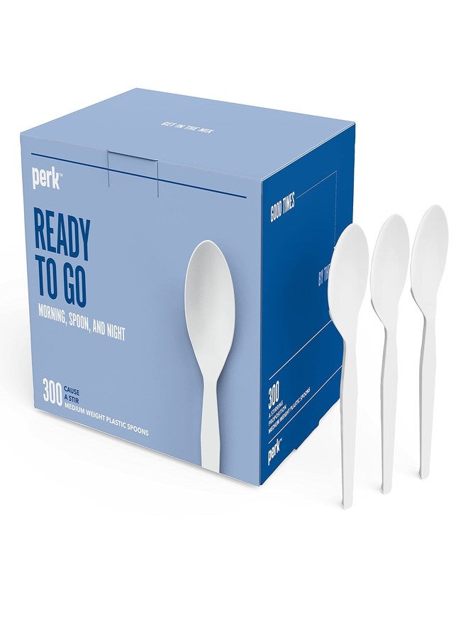 PERK Staples Perk Plastic Spoons, Medium-Weight Disposable Silverware, Perfect For Breakfast, Snacks, Desserts, 300-Pack, White - Image 1