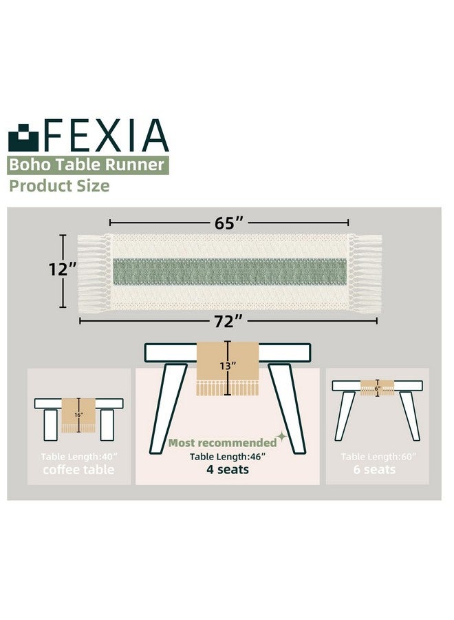 FEXIA Sage Green Table Runner 72 Inches Long with Tassels Boho Macrame Farmhouse Table Runners for Home Decor Party Bohemian Rustic Bridal Shower Dining Decorations(12x72 Inches) - Image 2