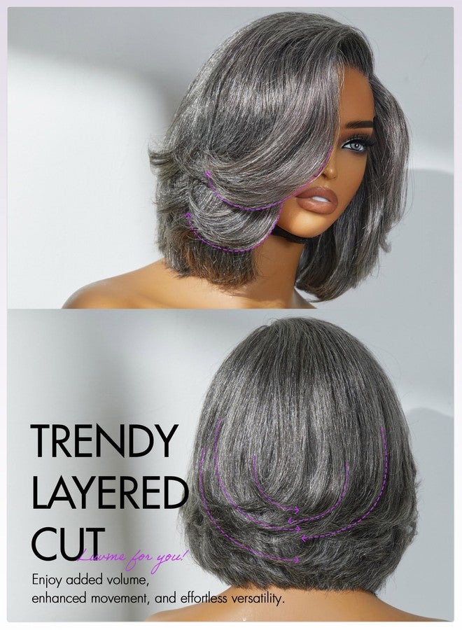 LUVME HAIR Salt & Pepper Layered Bob Glueless Pre-Cut Lace Wig Gray Wigs For Women Short Grey Hair Glueless Bob Wigs Pre Plucked Pre Cut Pixie Cut - Image 4