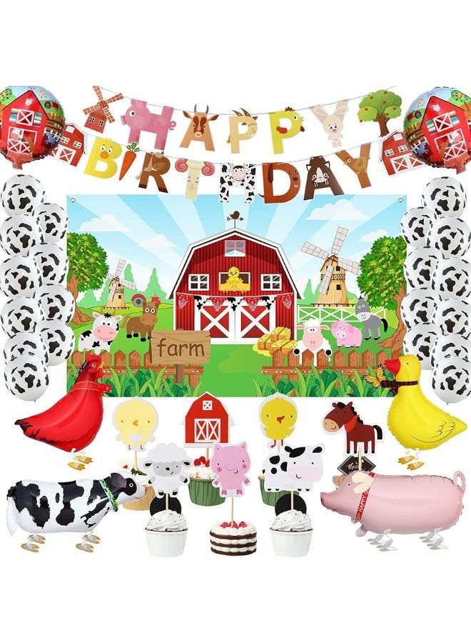 Sumind Farm Birthday Party Decorations Farm Animals Barn Backdrop Banner Walking Balloons Cupcake Toppers Birthday Party Supplies Set for Kids Farm Animals Cow Theme Party Supplies - Image 1