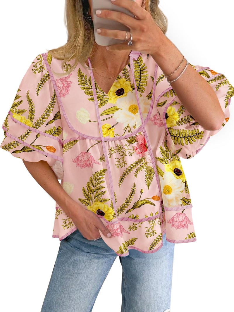Cicy Bell Womens Summer Babydoll Tops V Neck Short Lantern Sleeve Shirts Cute Loose Fit Floral Flowy Blouses - Image 1