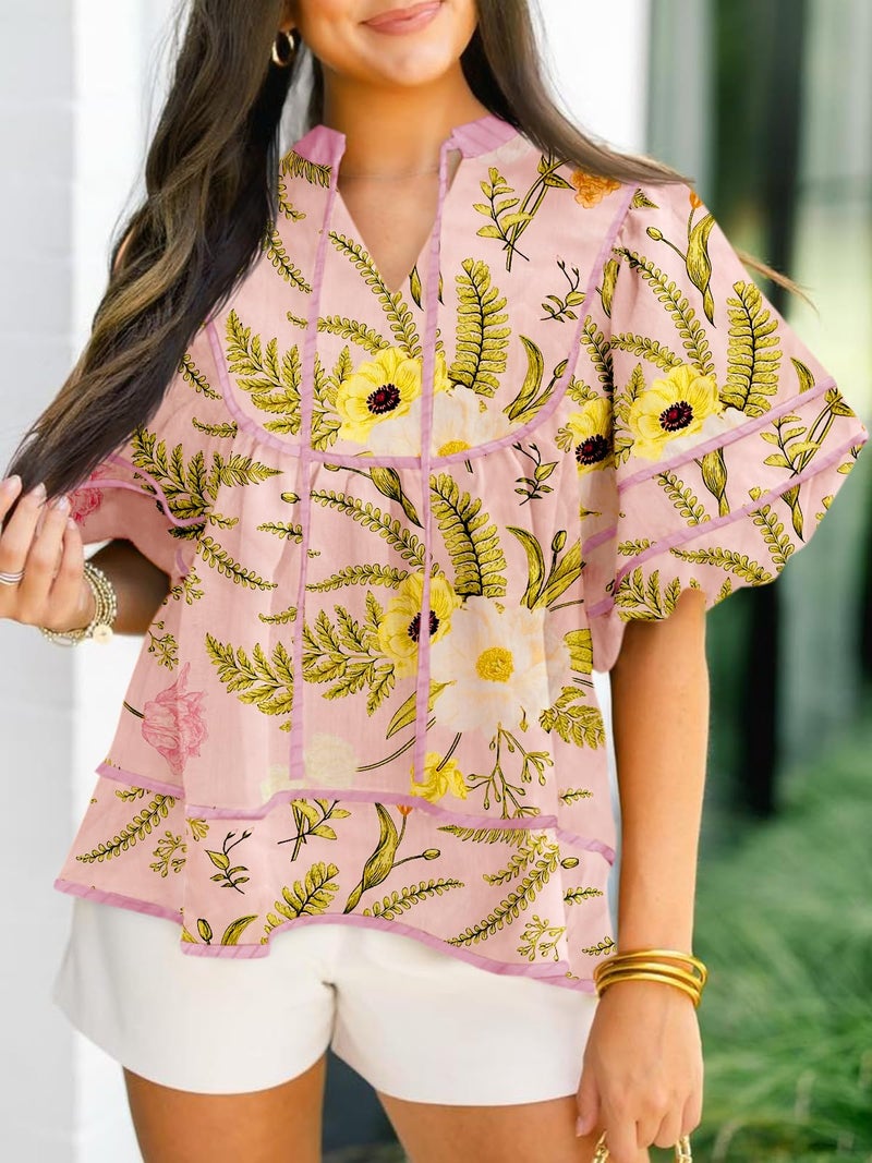 Cicy Bell Womens Summer Babydoll Tops V Neck Short Lantern Sleeve Shirts Cute Loose Fit Floral Flowy Blouses - Image 2