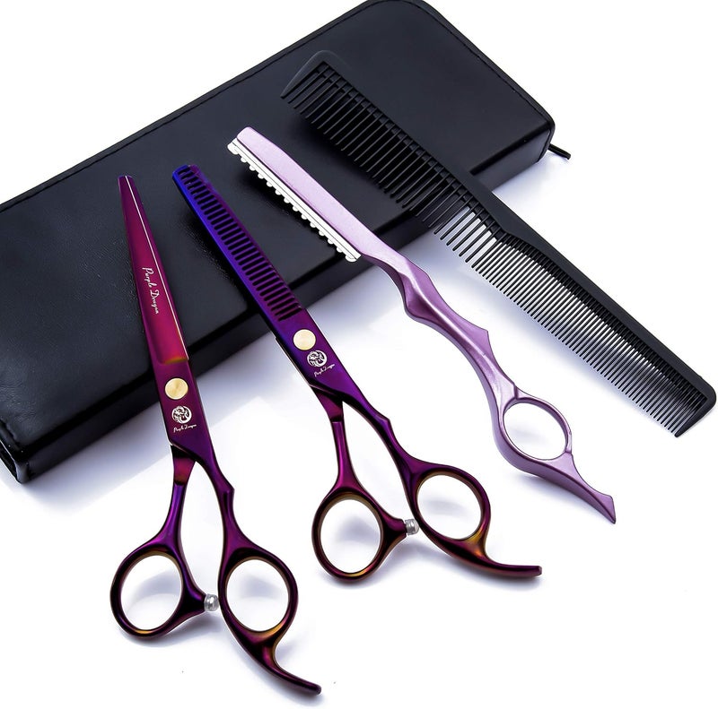 60 inch Purple Hair Cutting Scissors Set with Razor Leather Scissors Case Barber Hair Cutting Shears Hair ThinningTexturizing Shears for Professional Hairdresser or Home Use