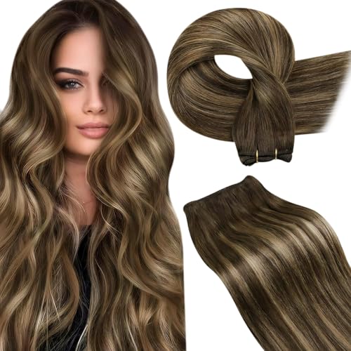 LaaVoo Weft Hair Extensions Human Hair Balayage Brown Sew in Hair Extensions Real Human Hair Straight For Women 16 Inch 100g - Image 1