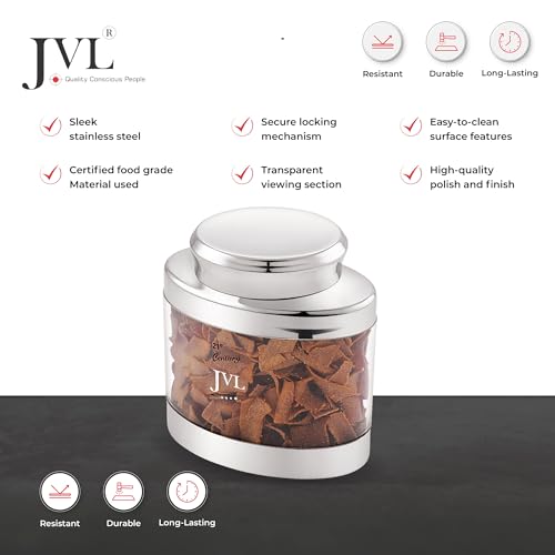 JVL Classiware Oval Canister See-Through Airtight Storage Container with Stainless Steel Lid Mirror Finish Ideal for Grains, Pulses, Tea, Coffee, Snacks & More - 1PC (650 ml) - Image 3