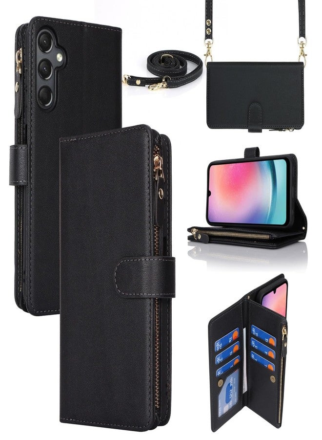 آي كوفر كايس جراب iCoverCase لهاتف سامسونج جالاكسي A25 5G، جراب محفظة مع حامل بطاقات، جراب من الجلد الصناعي مع حبل كتف قابل للتعديل، مشبك مغناطيسي، جيب بسحاب، غطاء قلاب (أسود) - Image 1