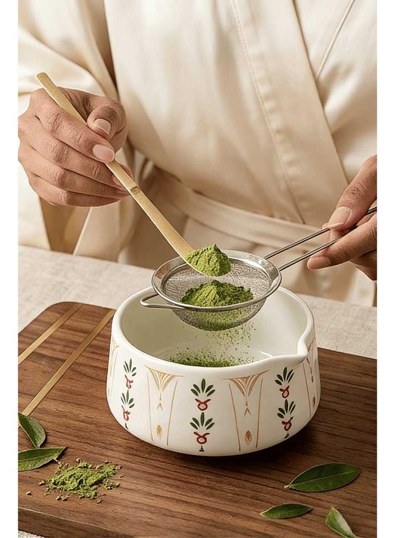 طقم شاي ماتشا، طقم خفاقة ماتشا مكون من 5 قطع، خفاقة تقليدية من الخيزران ووعاء ماتشا خزفي مع فوهة للصب، طقم ماتشا بتصميم مستوحى من الطراز العربي، طقم هدايا أنيق للاحتفال برمضان والعيد - Image 2