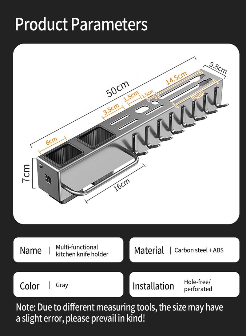 بيروي حامل سكاكين مطبخ متعدد الوظائف، منظم سكاكين مثبت على الحائط، حامل سكاكين من الفولاذ المقاوم للصدأ، منظم ملاعق مثبت على الحائط، منظم سكاكين مطبخ، يتضمن 8 خطافات، 50 × 5.8 × 7 سم - Image 3