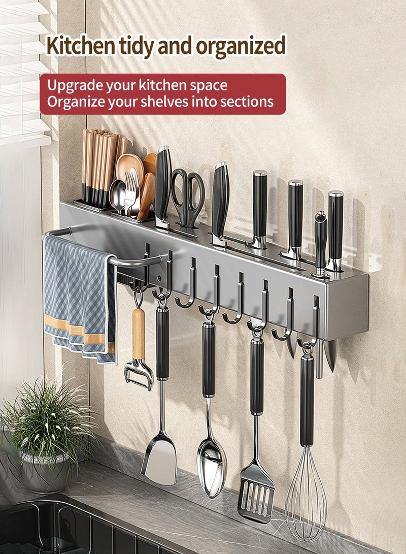 بيروي حامل سكاكين مطبخ متعدد الوظائف، منظم سكاكين مثبت على الحائط، حامل سكاكين من الفولاذ المقاوم للصدأ، منظم ملاعق مثبت على الحائط، منظم سكاكين مطبخ، يتضمن 8 خطافات، 50 × 5.8 × 7 سم - Image 4