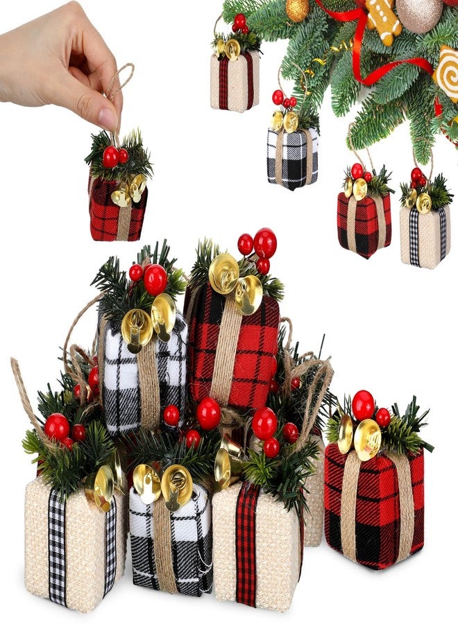 Panelee 12 Pcs Christmas Tree Mini Gift Boxes Christmas Tree Ornaments Present Decoration Christmas Ornaments Pendant Decoration with Bells Christmas Berries for Indoor Outdoor Xmas Tree Party (Plaid) - Image 1