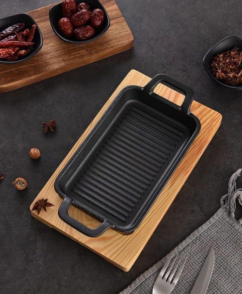 Generic Elegant, Distinctive Cast Iron Skillet With Wooden Base For Serving Food On The Sufra Shape Chic, Black, 22*14cm, 28*14cm, 16cm - Image 1