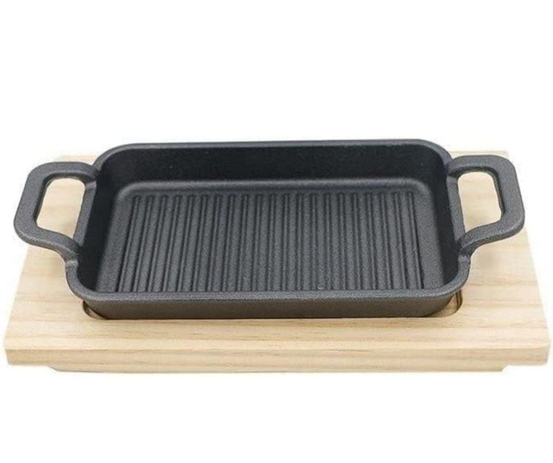 Generic Elegant, Distinctive Cast Iron Skillet With Wooden Base For Serving Food On The Sufra Shape Chic, Black, 22*14cm, 28*14cm, 16cm - Image 2