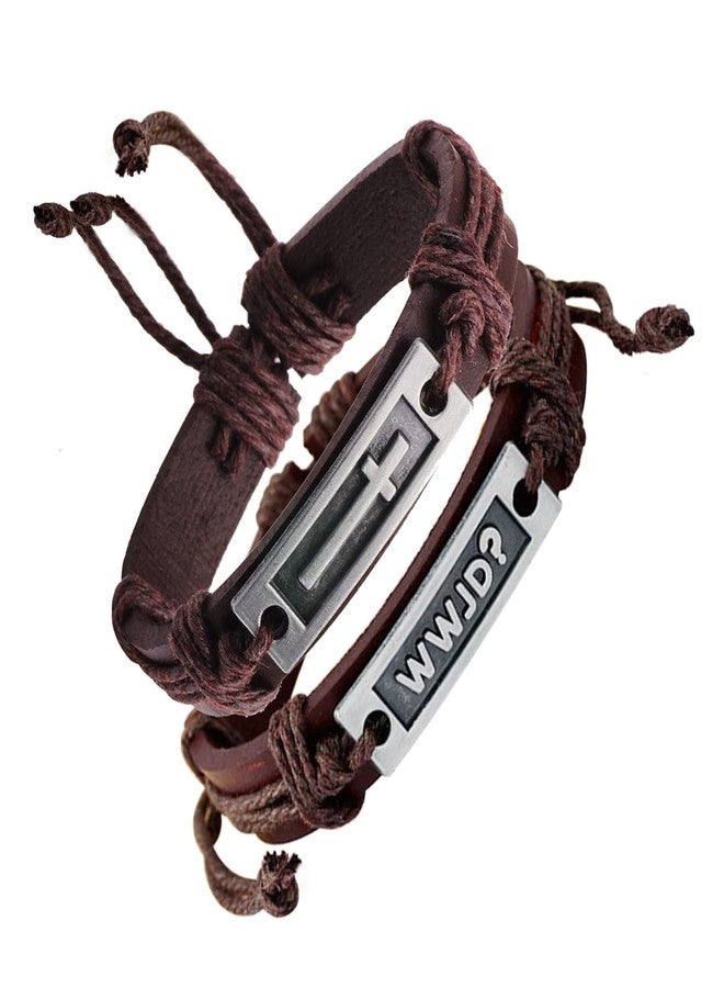 FORUBUS Religious Cross Leather Bracelet, Leather Cross Bracelet for Women Men Religious Gift, Church Pray Baptism Christmas Jewelry (Brown Cross+WWJD) - Image 1