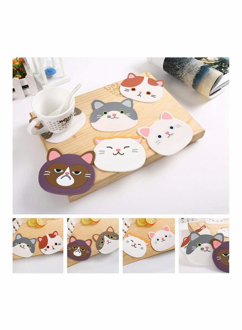 حصيرة تجفيف سيليكون متعددة الاستخدامات مع تصميم قطة كرتوني حامل أطباق (مجموعة من 6) عازلة مرنة متينة غير قابلة للانزلاق وسادات حرارة وركائز كوب حصيرة مطاطية للأكواب والشاي - Image 3