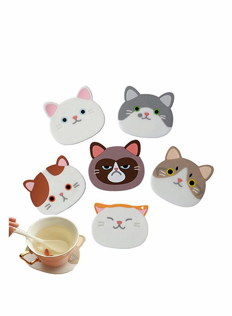 حصيرة تجفيف سيليكون متعددة الاستخدامات مع تصميم قطة كرتوني حامل أطباق (مجموعة من 6) عازلة مرنة متينة غير قابلة للانزلاق وسادات حرارة وركائز كوب حصيرة مطاطية للأكواب والشاي - Image 1