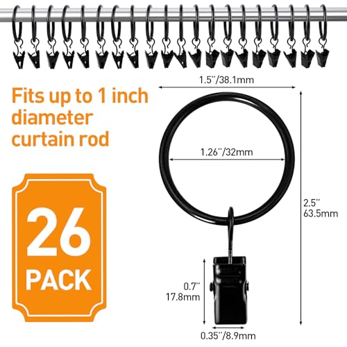 Ninsula 26 PCS Curtain Rings with Clips Curtain Hooks for Drapes Curtain Clips with Rings 126 Interior Diameter Black Curtain Rings Fit up to 1 inch Curtain Rod - Image 3