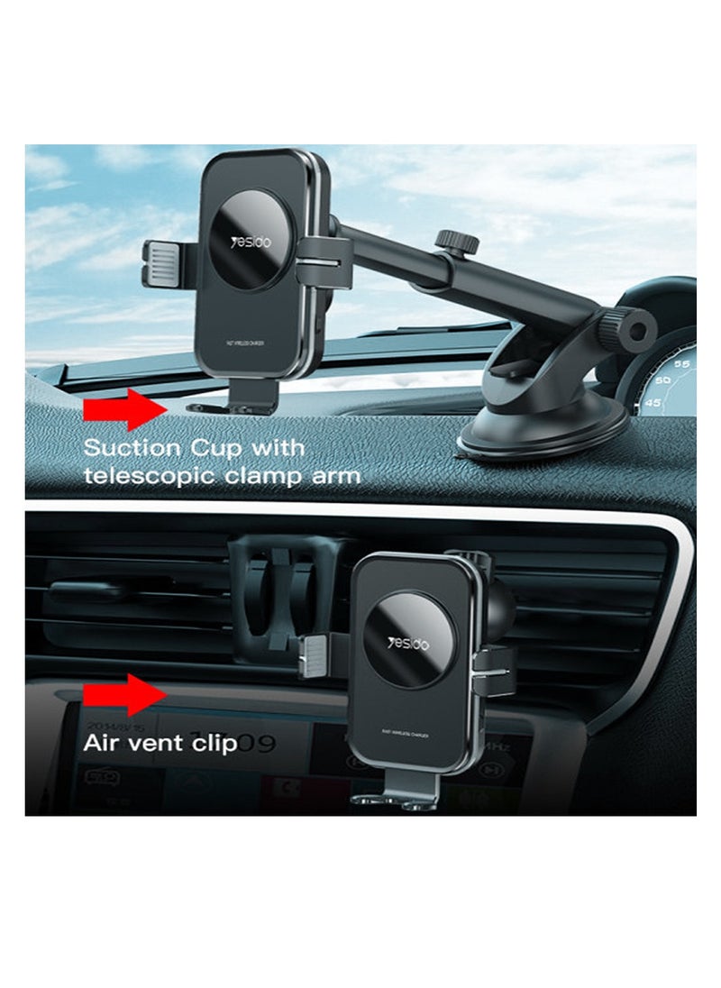 Yesido Fast Wireless Car Phone Holder with Charging, 15W, 360 Rotation, Suction Cup and Vent Clip Mounting, Yesido C118 - Black  - Image 3