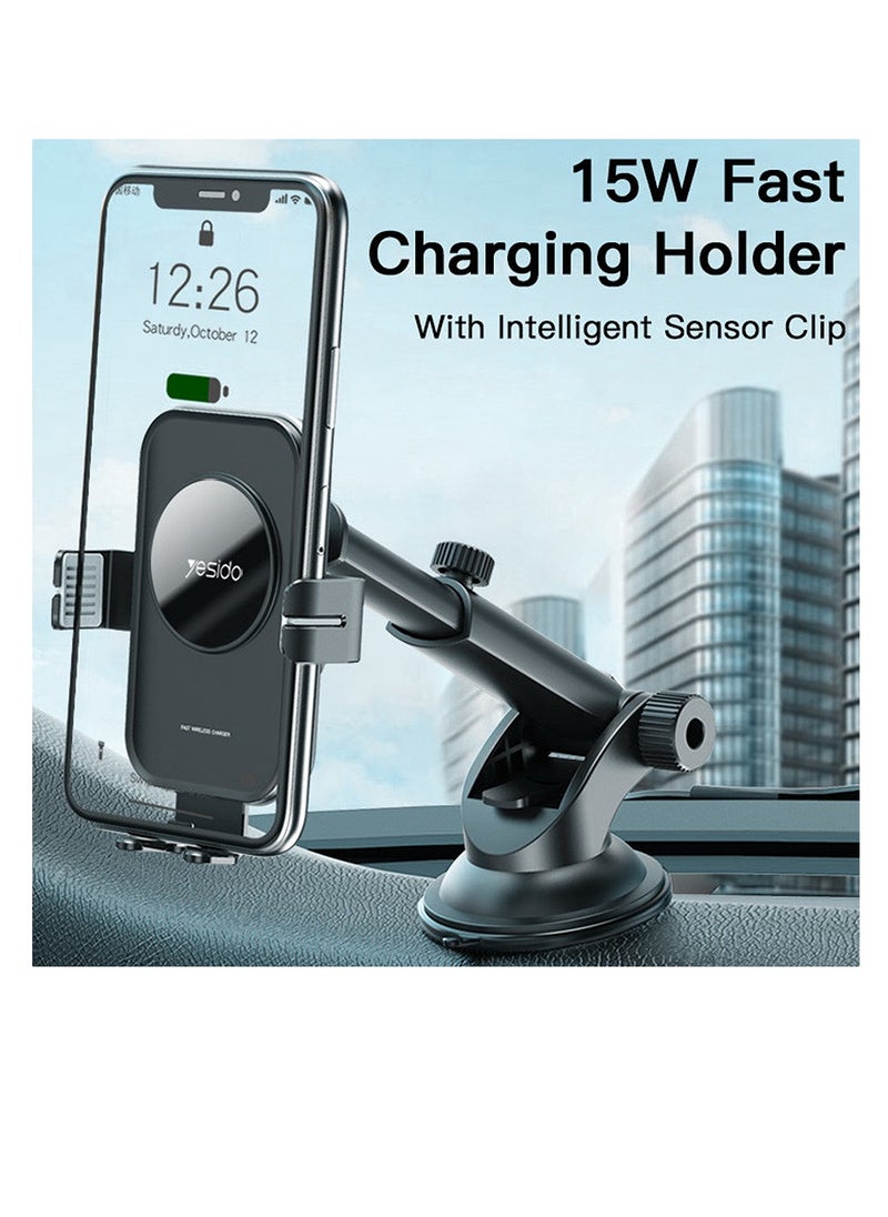 Yesido Fast Wireless Car Phone Holder with Charging, 15W, 360 Rotation, Suction Cup and Vent Clip Mounting, Yesido C118 - Black  - Image 4