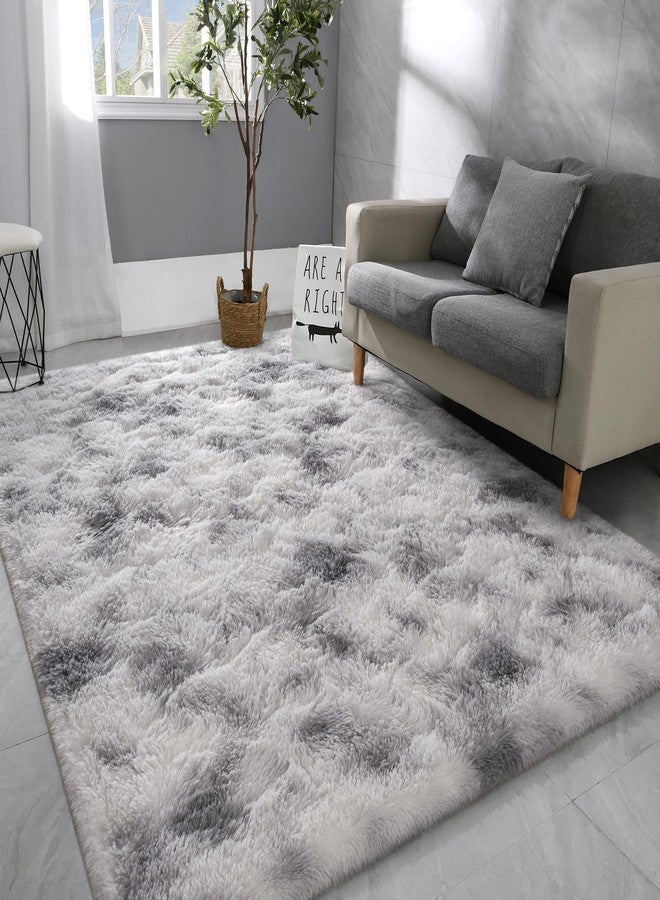 Hutha 6x9 Large Area Rugs for Living Room, Super Soft Fluffy Modern Bedroom Rug, Tie-Dyed Grey White Indoor Shag Fuzzy Carpets for Girls Kids Nursery Room Home Decor - Image 1