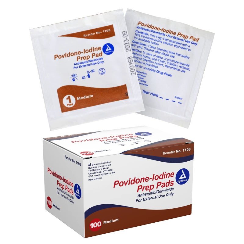 Dynarex Povidone-Iodine Prep Pads, Saturated with Povidone Iodine 10%, Medical-Grade Antiseptic Wipes Used for Prepping Prior Minor Procedures, Medium, 1 Case of 100 Prep Pads - Image 1