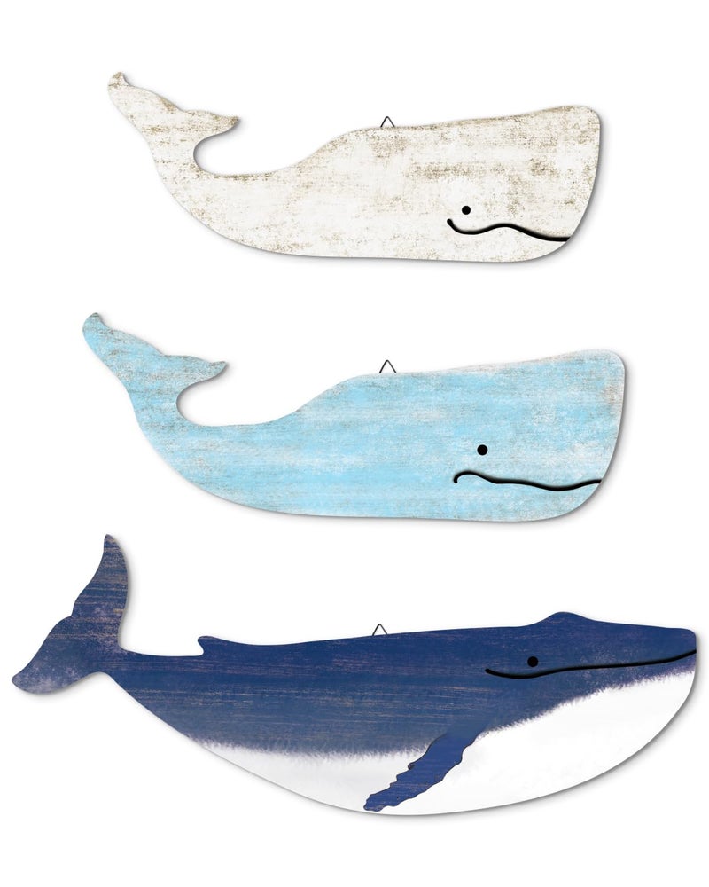 Putuo Decor Blue And White Whale Beach Wall Decor Wooden Nautical Decor Rustic Whale Wall Pediments Set 3 Piece Ocean Hanging Decor For Living Room Bedroom Bathroom - Image 2