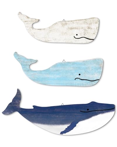 Putuo Decor Blue And White Whale Beach Wall Decor Wooden Nautical Decor Rustic Whale Wall Pediments Set 3 Piece Ocean Hanging Decor For Living Room Bedroom Bathroom - Image 1