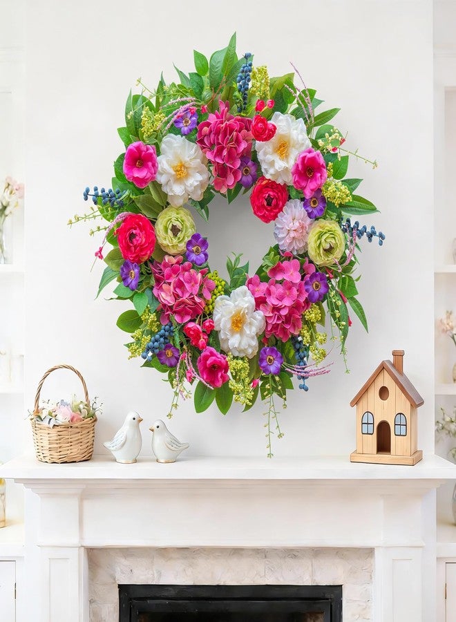 Pinkpuii Spring Wreaths for Front Door 24 Inch Lush Spring Door Wreath with Pink Peonies, Roses, White Blooms & Greenery, Garden Style Summer Flower Wreath for Front Porch, Entryway & Wall Window - Image 5