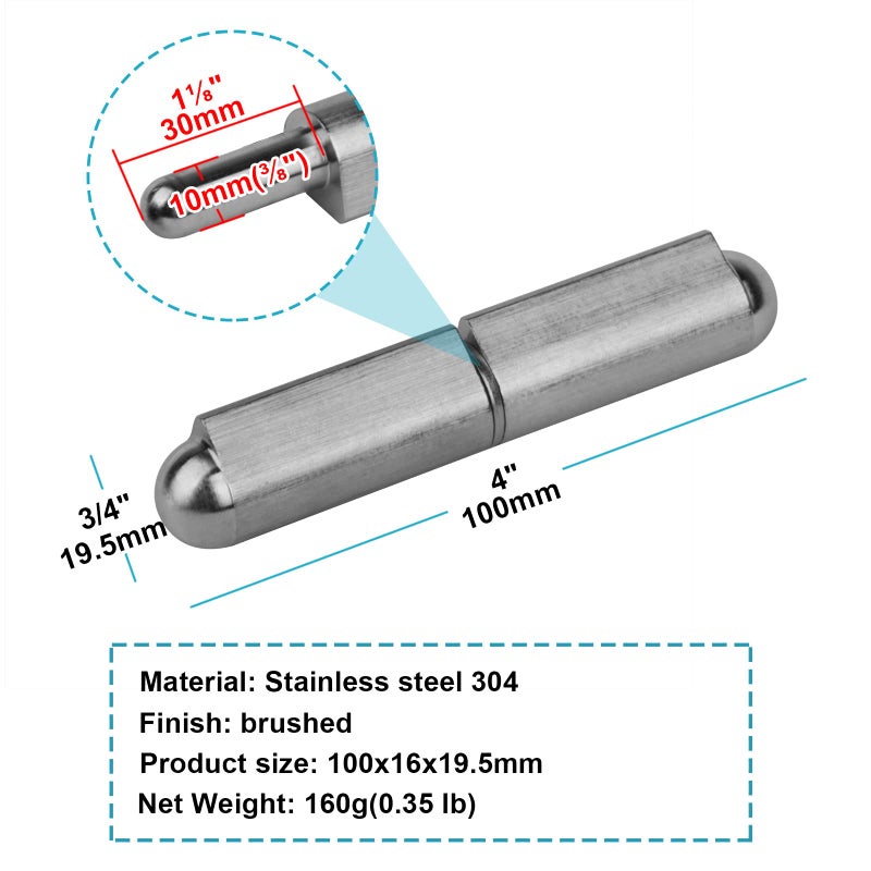 Mountain_Ark 4 Pack 4"" X 3/4"" Weld On Bullet Hinges  304 Stainless Steel Heavy Duty Weldable Barrel Hinges For Trailer Ramp Gate Bbq Smoker  Load 440 Lbs - Image 2