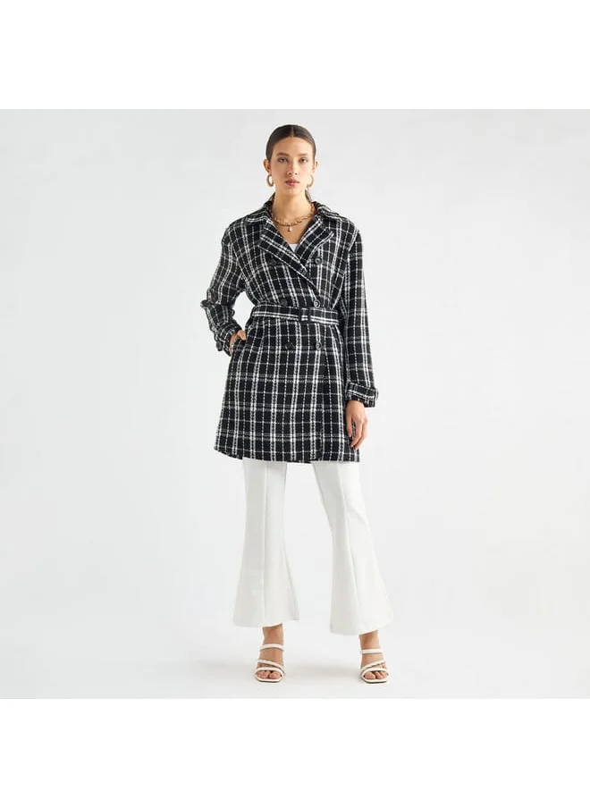 FAV Checked Trench Coat with Belt and Notch Lapel