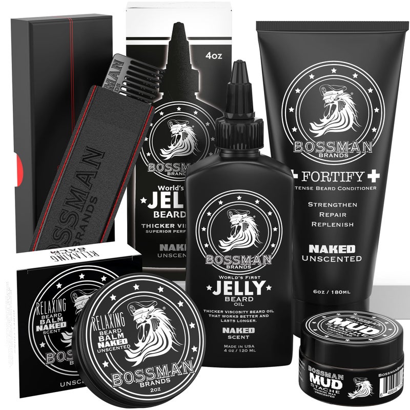 Bossman Complete Beard Kit  Mens Beard Oil Jelly Fortifying Shower Conditioner Balm Mustache Wax  Comb  Beard Softener  Grooming Care Naked  Unscented