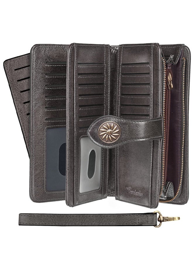 Travelambo Womens Wallet Large Capacity Genuine Leather Rfid Blocking Credit Card Holder Wallets With Wristlet(Deep Grey)  - Image 1