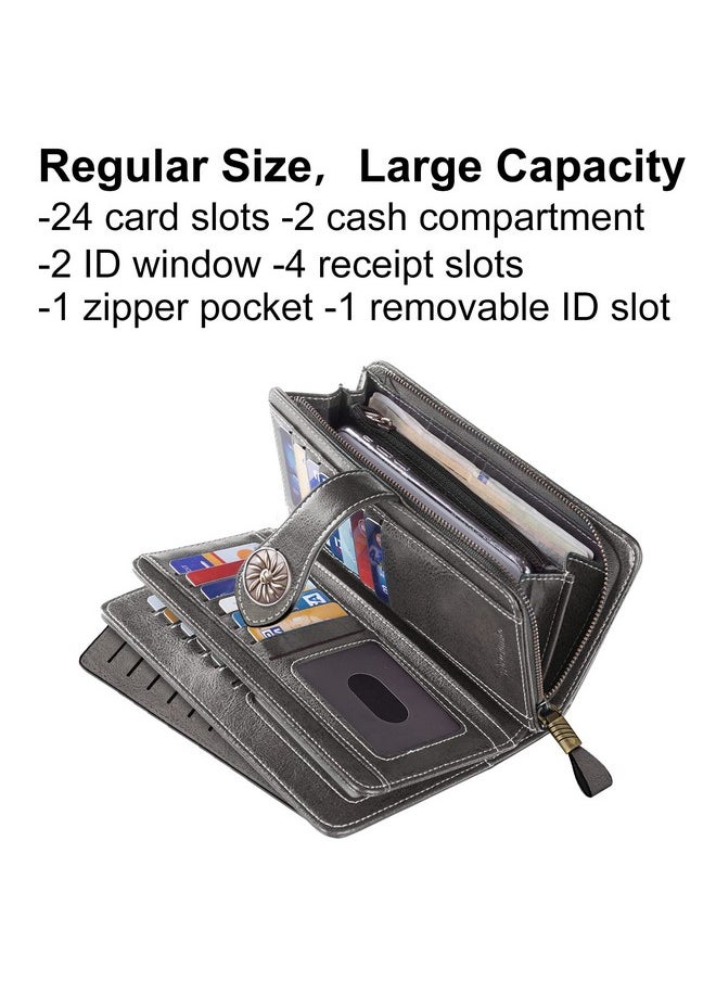 Travelambo Womens Wallet Large Capacity Genuine Leather Rfid Blocking Credit Card Holder Wallets With Wristlet(Deep Grey)  - Image 3