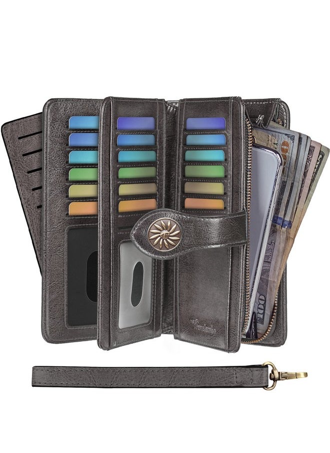 Travelambo Womens Wallet Large Capacity Genuine Leather Rfid Blocking Credit Card Holder Wallets With Wristlet(Deep Grey)  - Image 2