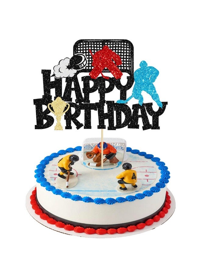 Ephlyn 1Pc Hockey Happy Birthday Cake Topper Glitter Ice Hockey Player Sports Theme Cake Pick Decorations for Hockey Theme Baby Shower Boys Girls Birthday Party Supplies Black - Image 1