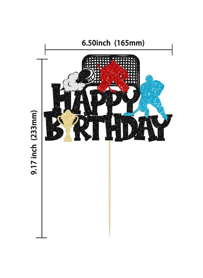 Ephlyn 1Pc Hockey Happy Birthday Cake Topper Glitter Ice Hockey Player Sports Theme Cake Pick Decorations for Hockey Theme Baby Shower Boys Girls Birthday Party Supplies Black - Image 2