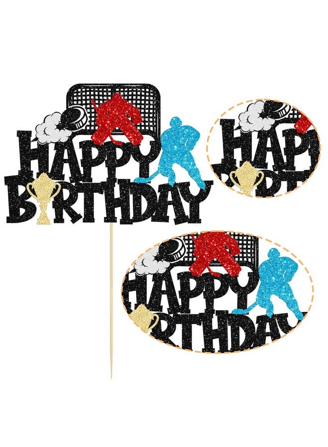 Ephlyn 1Pc Hockey Happy Birthday Cake Topper Glitter Ice Hockey Player Sports Theme Cake Pick Decorations for Hockey Theme Baby Shower Boys Girls Birthday Party Supplies Black - Image 3