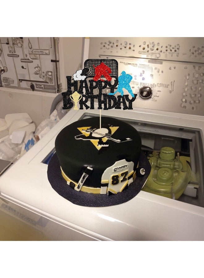 Ephlyn 1Pc Hockey Happy Birthday Cake Topper Glitter Ice Hockey Player Sports Theme Cake Pick Decorations for Hockey Theme Baby Shower Boys Girls Birthday Party Supplies Black - Image 5