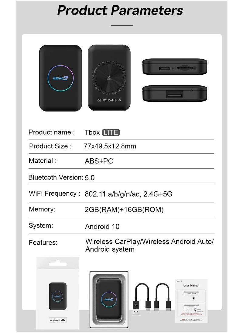 Carlinkit - CarlinKit Lite carplay AI box Android 10 2GB+32GB Wireless CarPlay Wireless Android Auto Youtube Netflix iptv 2.4G+5GWiFi car smart system box 4 in 1 play Store - Image 1