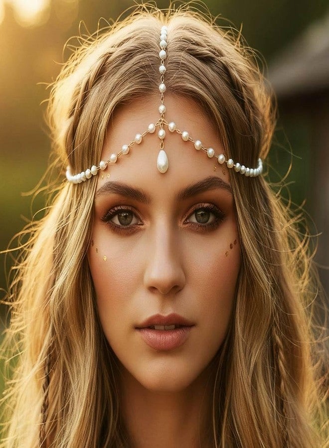 CAKURE Boho Pearl Head Chain Gold Bridal Headpiece Jewelry Bride Wedding Hair Accessories for Women - Image 1