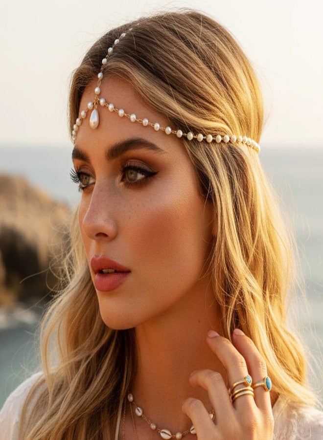 CAKURE Boho Pearl Head Chain Gold Bridal Headpiece Jewelry Bride Wedding Hair Accessories for Women - Image 3