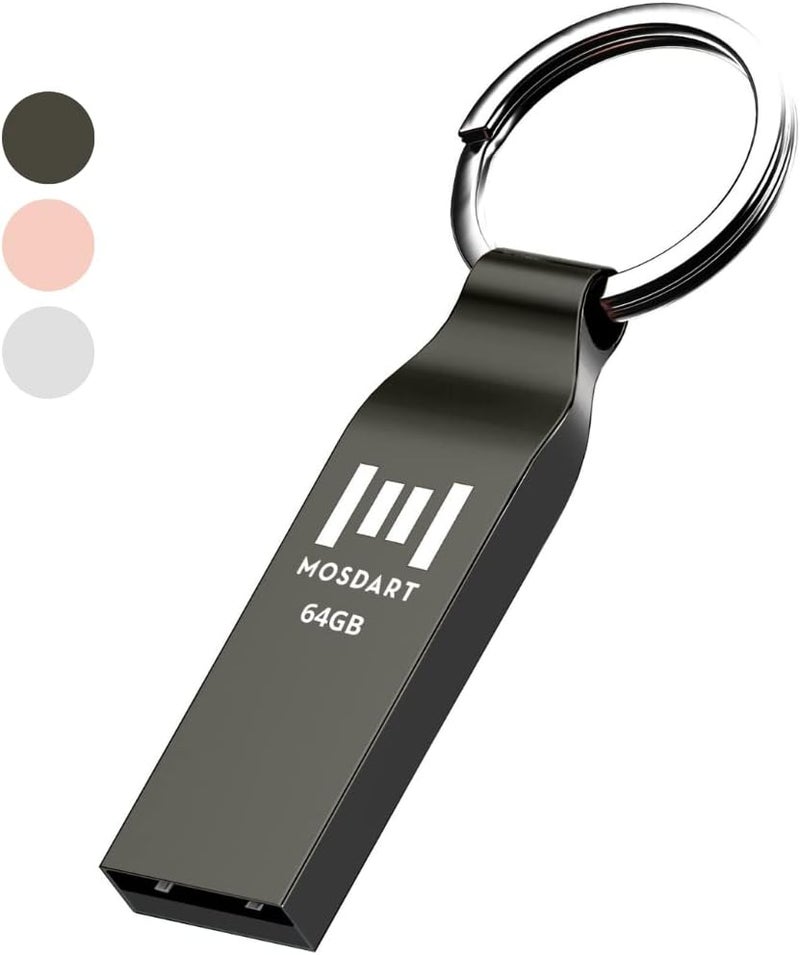 موس دارت محرك أقراص فلاش مقاوم للماء بسعة 64GB USB2.0، بتنسيق exFAT، عصا ذاكرة معدنية مع سلسلة مفاتيح، للنسخ الاحتياطي للنظام وتخزين البيانات، رمادي تيتانيوم - Image 1