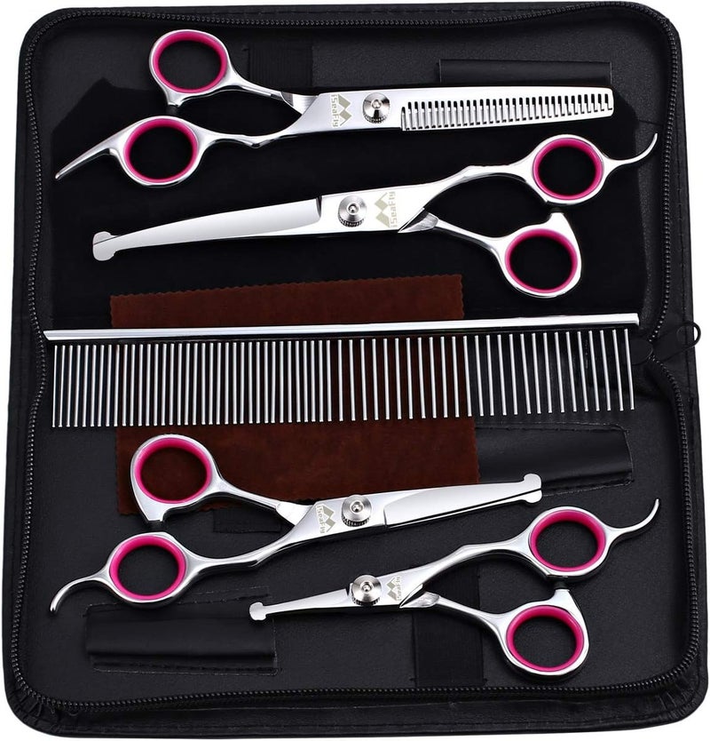 iSeaFly Dog Grooming Kit with Round Tip, 6 in 1 Cat Dog Grooming Scissors, Stainless Steel Pet Grooming Shears for Full Body, Face, Nose, Ear and Paw (pink) - Image 1
