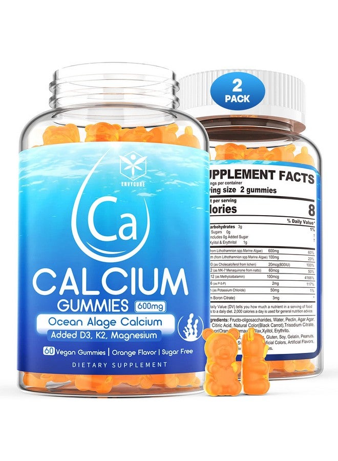 EnvyCure Sugar Free Calcium Gummies 600Mg Ocean Algae Calcium With Vitamin D3 K2 Magnesium B6 B12 Organic Calcium Supplement For Bone Strength & Teeth Health Orange Flavor Vegan 2 Pack - Image 1