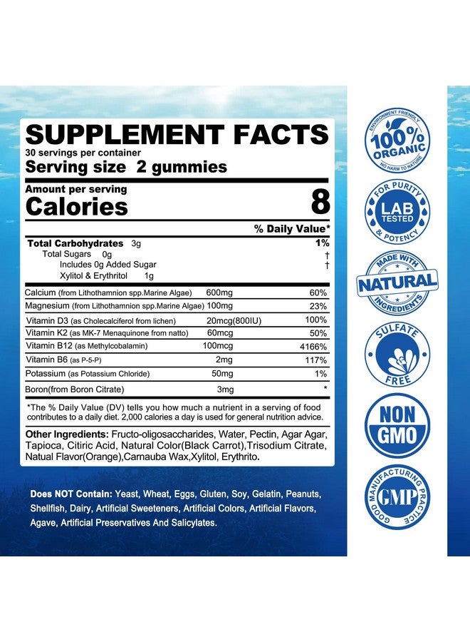 EnvyCure Sugar Free Calcium Gummies 600Mg Ocean Algae Calcium With Vitamin D3 K2 Magnesium B6 B12 Organic Calcium Supplement For Bone Strength & Teeth Health Orange Flavor Vegan 2 Pack - Image 3