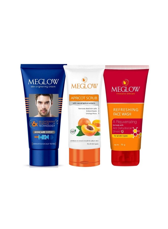 Meglow Mens Skin Care Kit Pack of 3 - Mens Fairness Cream (50g) With Aloevera Extracts and Vitamin E |Apricot Scrub (70g) With Natural Apricot Extracts |Refreshing Face Wash (70g) Helps to Remove Dead Skin Cells and Make Skin Refreshing and Radiant - Image 1