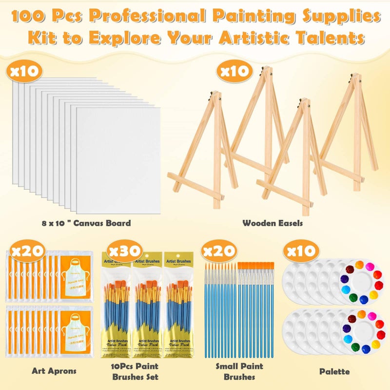 cridoz 100-Pack 8x10 Inch Canvas Boards for Painting â€“ Complete Art Kit with 50 Brushes, 20 Art Aprons & Paint Trays â€“ Includes Mini Easel for Adults Beginners & Party Art Projects Home Deco - Image 3